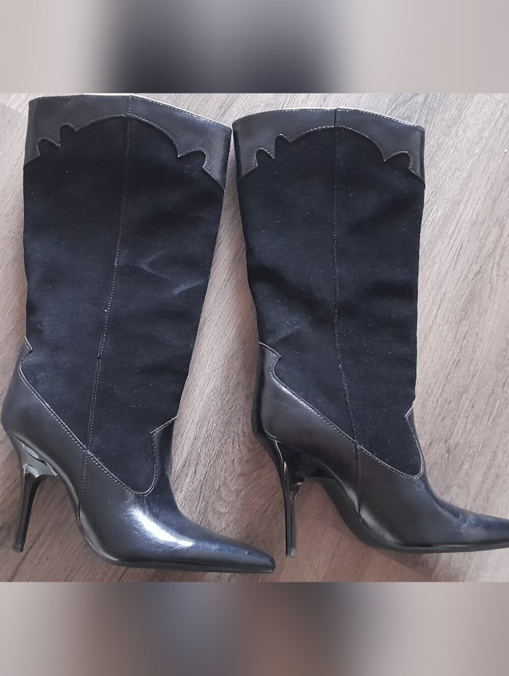 Black Suede Cowgirl Boots Women's Black Knee-High Pointed-Toe Stiletto Boots